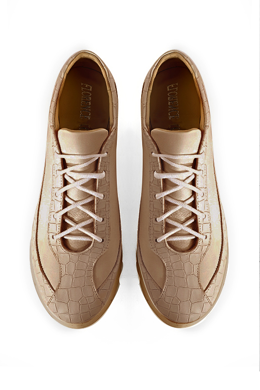 Tan beige women's elegant sneakers. Round toe. Low rubber soles. Top view - Florence KOOIJMAN